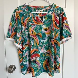 Chico’s 100% Linen Tropical Print Top Women’s Size 2 Large Short Sleeve Cruise